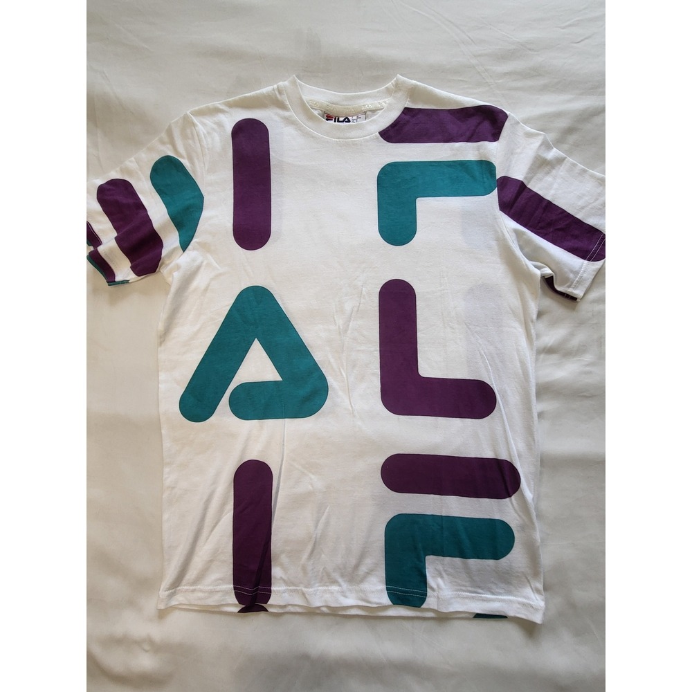 Fila Mens Short Sleeve Graphic T-Shirt White Purple Teal Logo Print Small